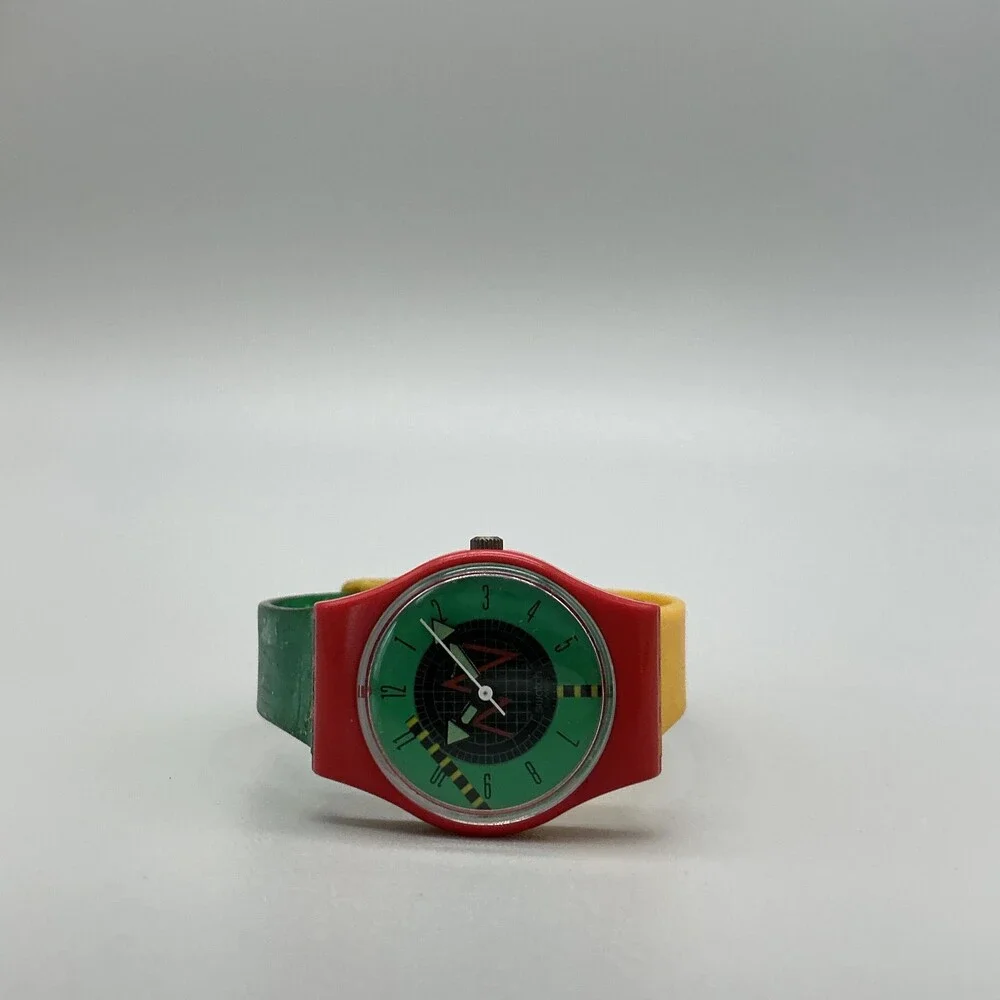 Vintage Swatch Radar Womens Watch 25mm Green Dial Red Swiss New Battery
